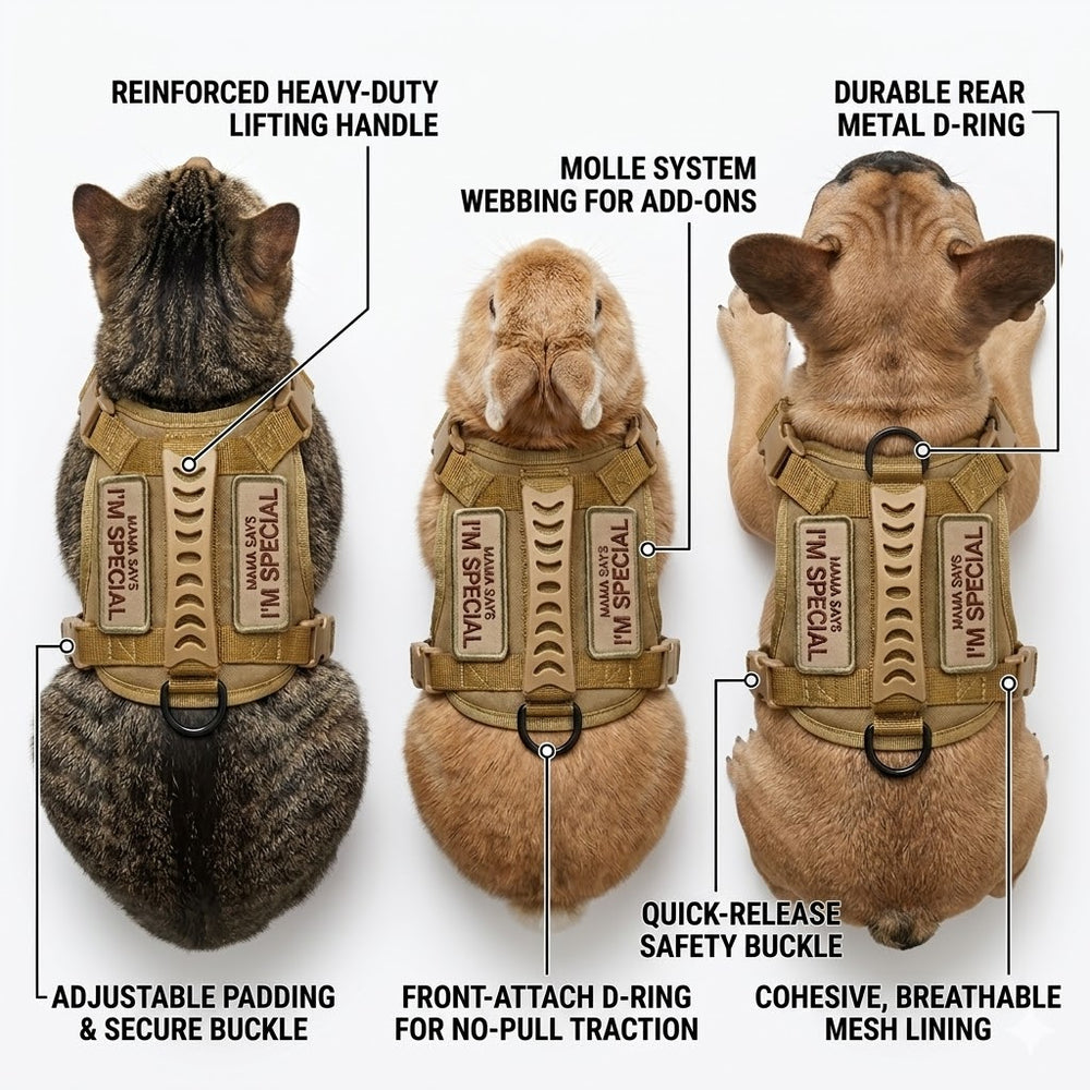 Three animals wearing tactical vests with feature labels on a white background