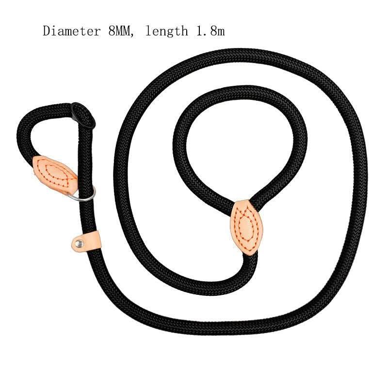 Black rope dog collar leash with tan leather accents, 8mm diameter, 1.8m length