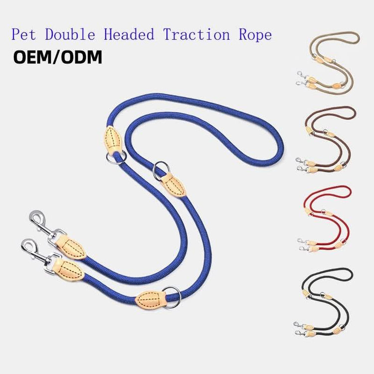 Double-headed rope dog leash with leather accents in multiple colors on white background.