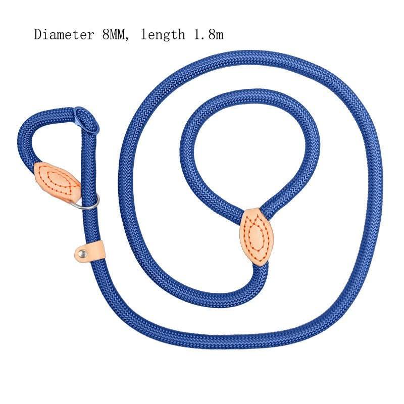 Blue rope dog collar and leash set with leather accents, 1.8m length, 8mm diameter