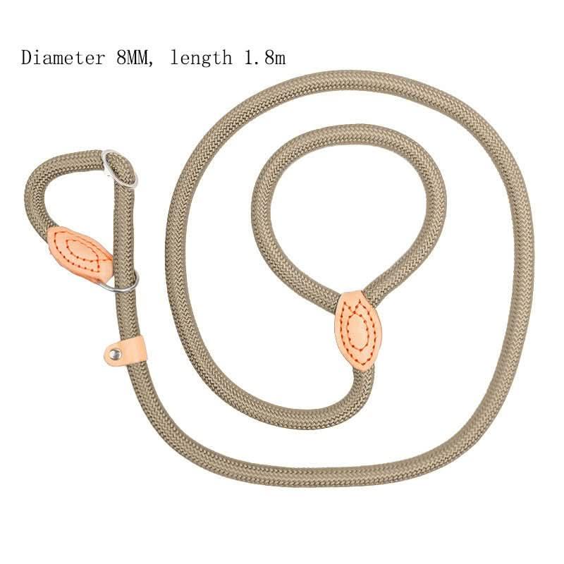 Durable beige rope dog collar leash with leather accents, 8mm thick, 1.8m long