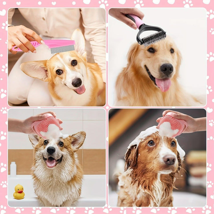 Dogs being groomed and bathed with pink grooming tools, including brushes and combs