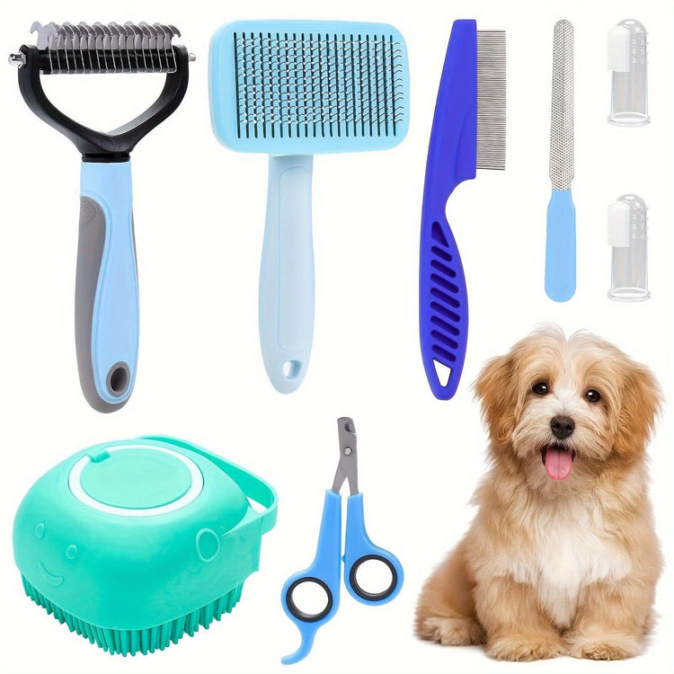 8-piece stainless steel dog grooming kit with brushes, combs, nail clippers, and puppy