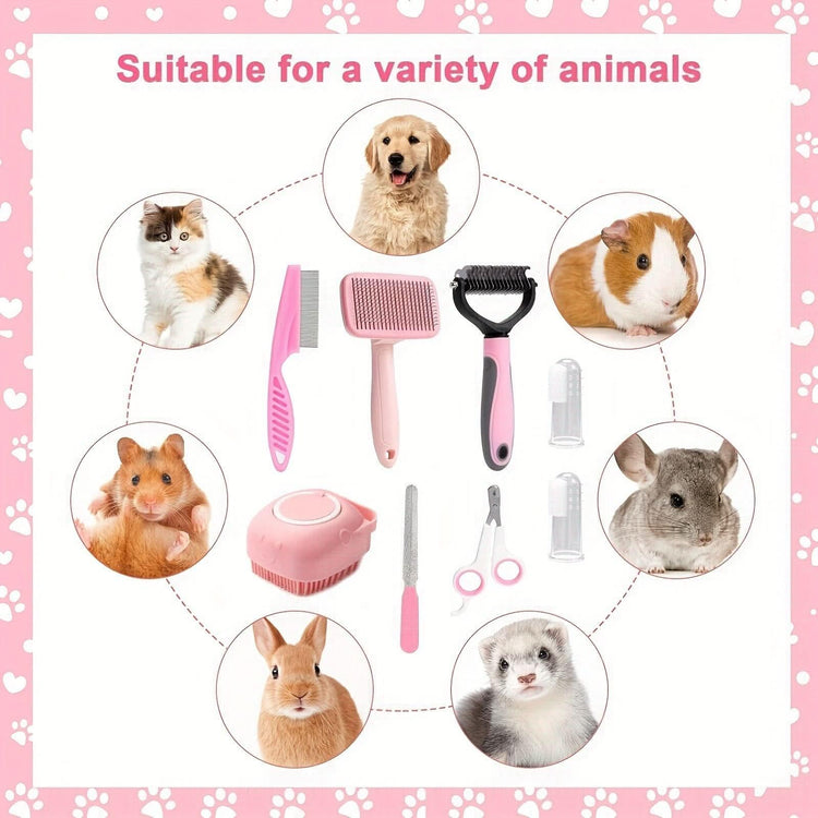 8-piece pink pet grooming kit with brushes and clippers for dogs, cats, rabbits, and small animals