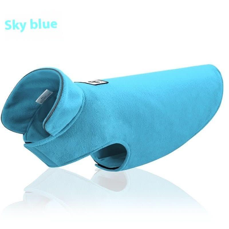 Sky blue reversible fleece dog winter coat with collar, displayed on white background
