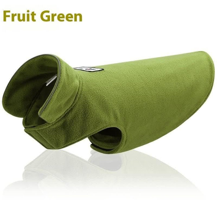 Fruit green reversible dog winter coat, fleece material, displayed on white background