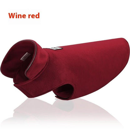 Wine red reversible dog winter coat with soft fleece material, displayed on white background