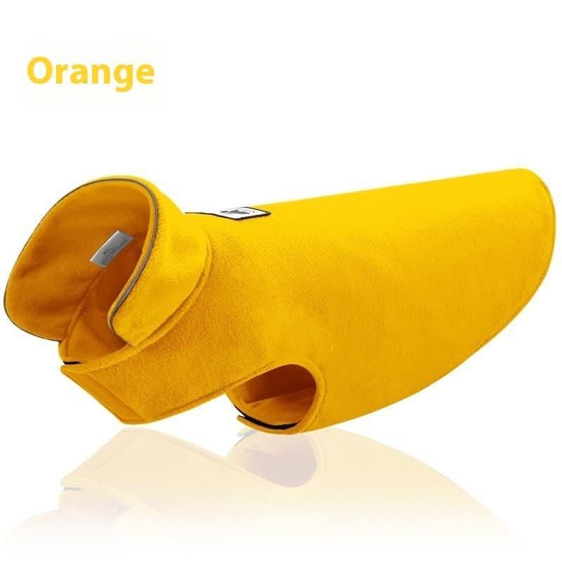 Bright orange reversible dog winter coat with soft fleece and adjustable neck design