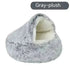 Gray plush semi-closed pet bed with soft, cozy, cave-like design for cats or small dogs.