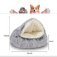 Semi-closed plush pet bed in gray with cream interior, measuring 20x14x6 inches.