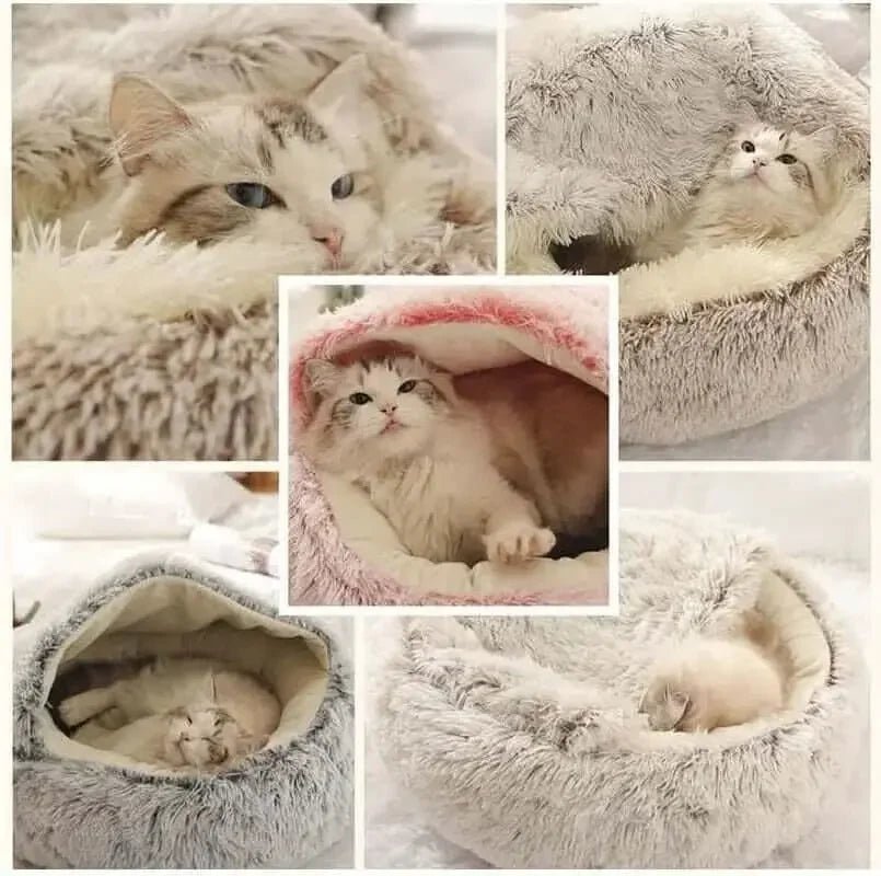 Fluffy semi-closed cat bed with cozy faux fur, shown with cats lounging inside.