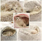 Fluffy semi-closed cat bed with cozy faux fur, shown with cats lounging inside.