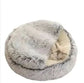 Fluffy semi-enclosed pet bed with a cat sleeping inside, cozy and soft design