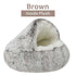 Semi-closed brown plush pet bed with soft, cozy faux fur and an enclosed dome design.