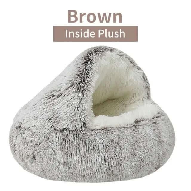 Semi-closed brown plush pet bed with soft, cozy faux fur and an enclosed dome design.