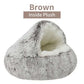 Semi-closed brown plush pet bed with soft, cozy faux fur and an enclosed dome design.