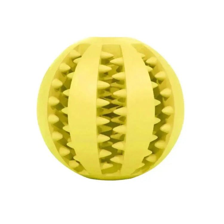 Yellow silicone pet toy ball with textured grooves for interactive dog play