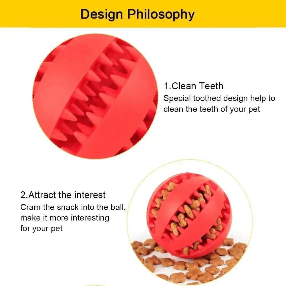Red silicone pet toy ball with textured grooves, filled with dog treats, on white background.