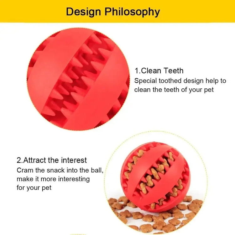 Red silicone pet toy ball with textured grooves, filled with dog treats, on white background.