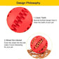 Red silicone pet toy ball with textured grooves, filled with dog treats, on white background.