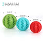 Three silicone pet toy balls in green, blue, and red with size measurements: 7cm, 6cm, and 5cm diameter.