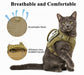 Cat wearing a green tactical harness with text &
