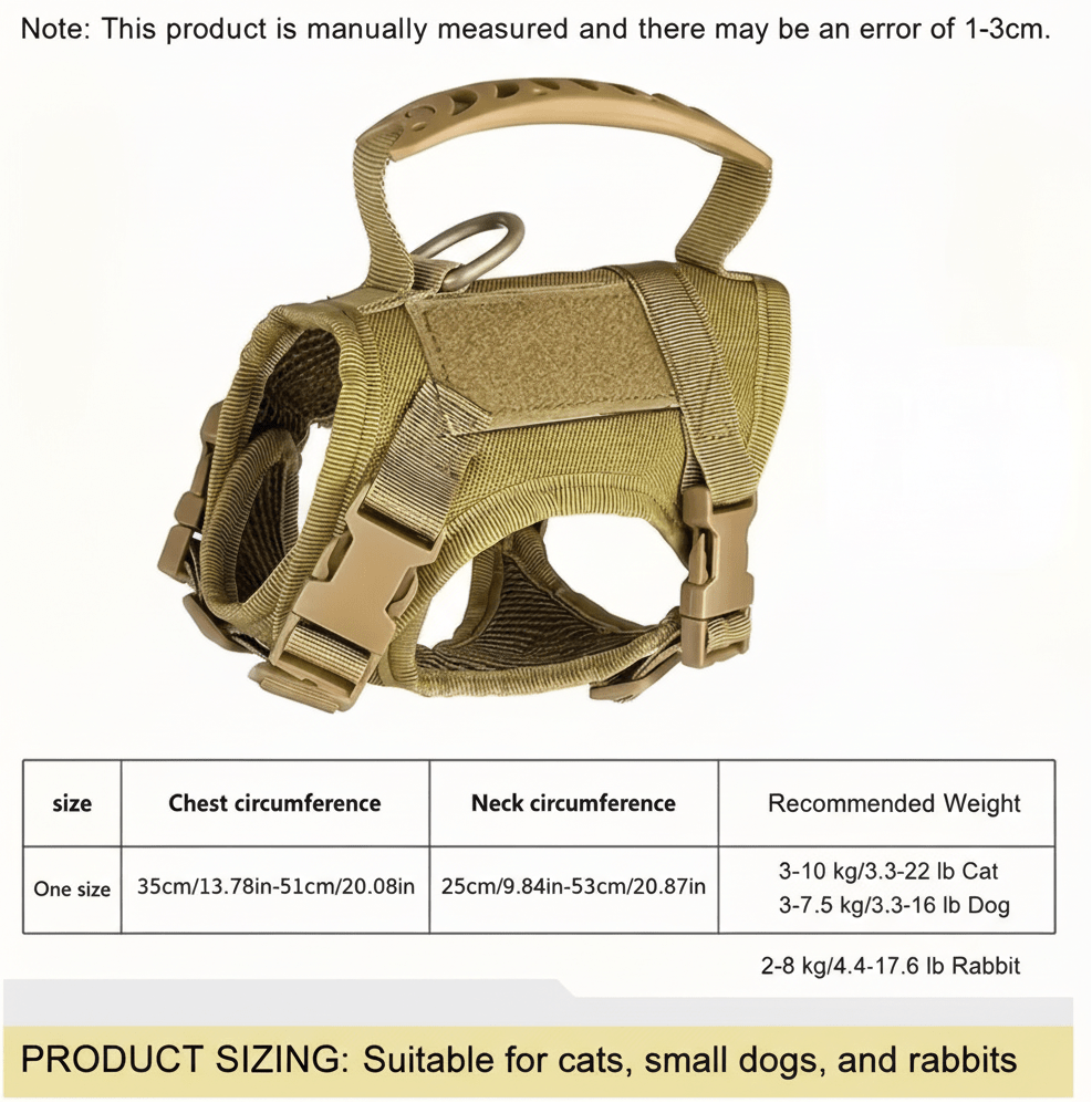 Tan dog harness with size chart on a white background pawsifypets