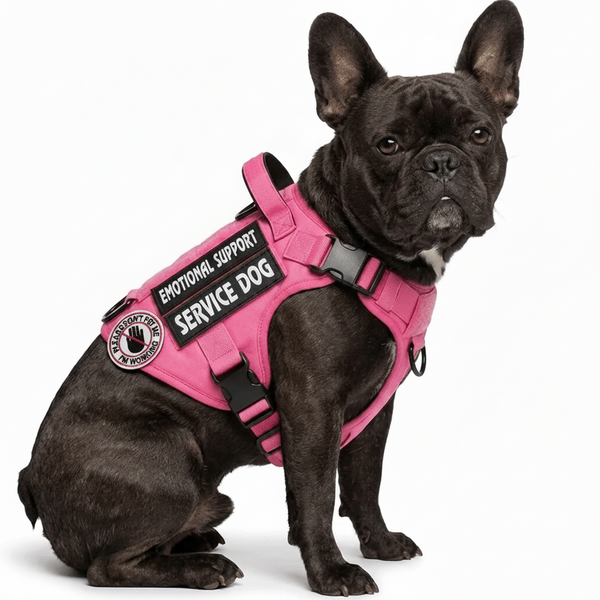 Black dog wearing a pink 'Emotional Support Service Dog' vest on a white background