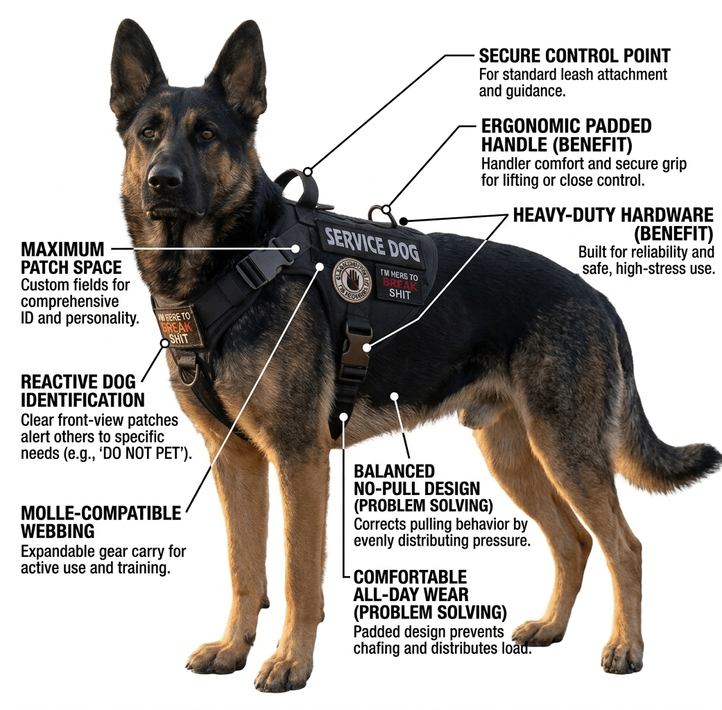 Tactical Service Dog Harness - Escape - Proof Vest with Handle + 4 Patches Included - PawsiFypets