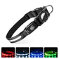 Waterproof LED pet collar with locator function, shown in multiple light colors