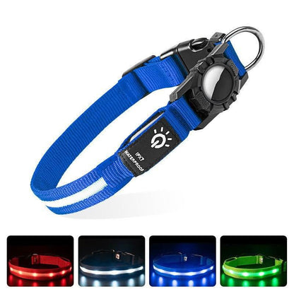 Blue waterproof LED pet collar with locator feature, shown lit in red, white, blue, and green.
