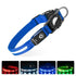Blue waterproof LED pet collar with locator feature, shown lit in red, white, blue, and green.