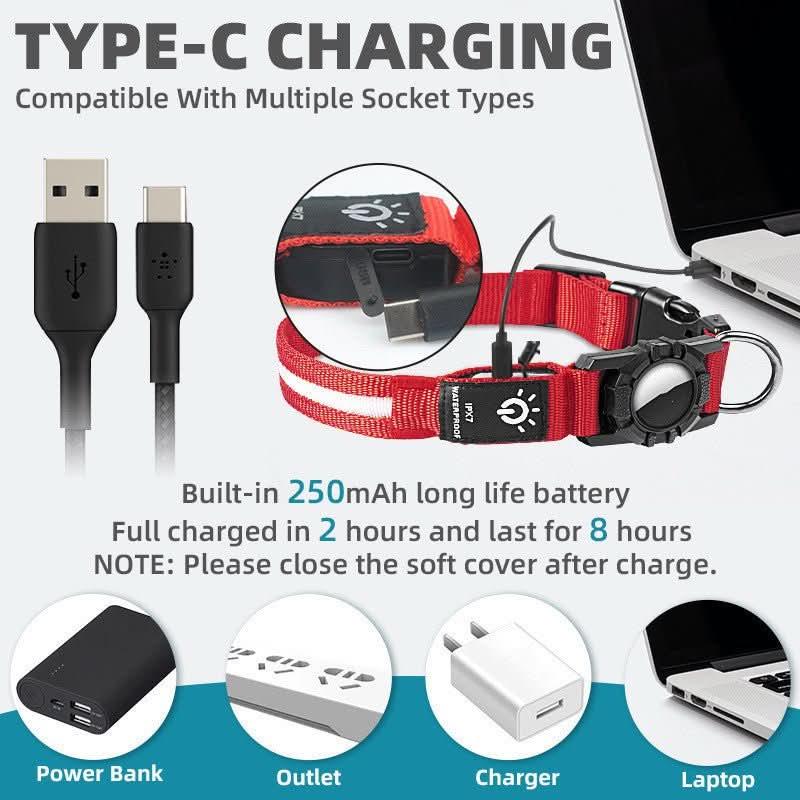 Red waterproof pet collar locator with type-C charging, shown connected to laptop and accessories.