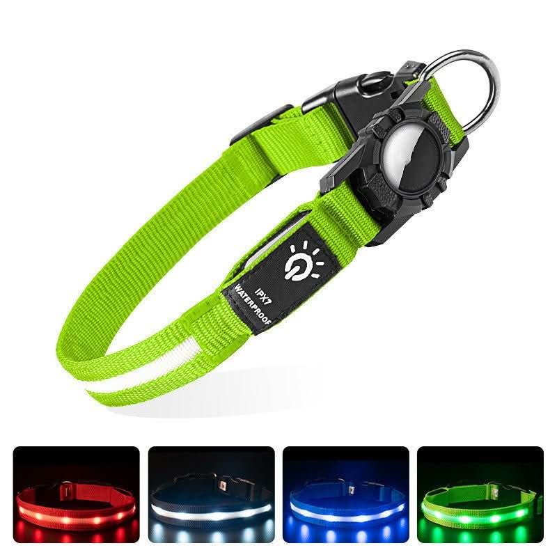Waterproof LED pet collar in green with locator, shown in multiple light colors for safety.