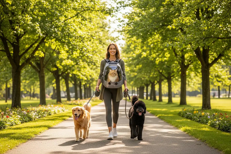 Woman walking two dogs on a path in a park with a backpack carrying a cat.